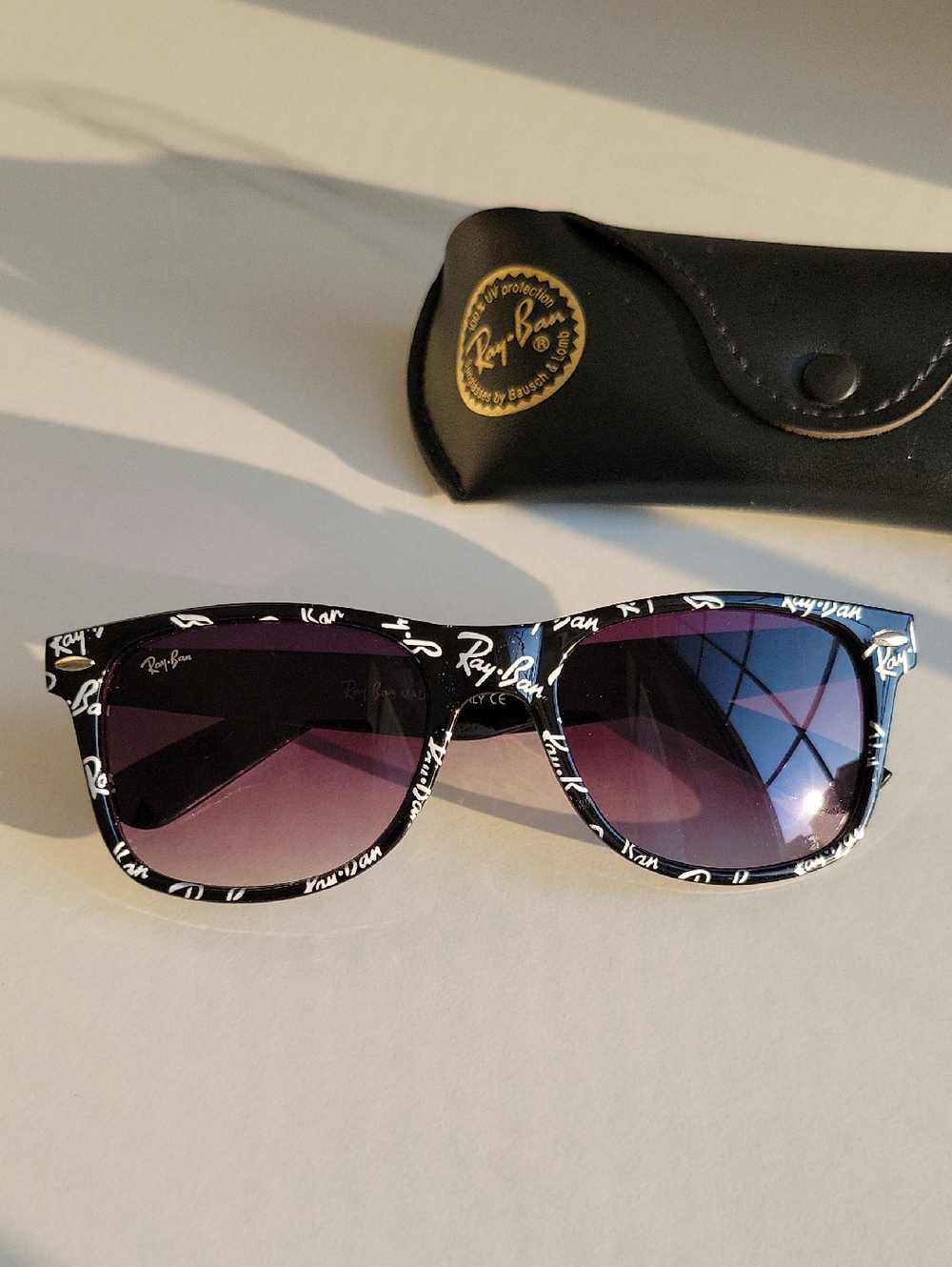 Ray-Ban Black & White Script Wayfarer Sunglasses with Purple Gradient Lenses